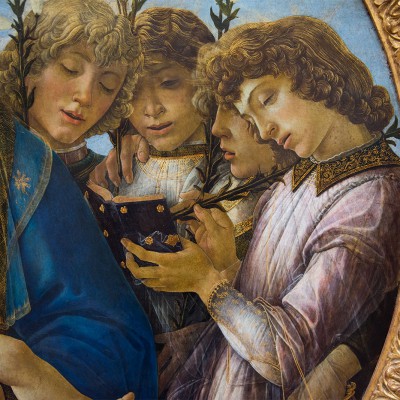 Sandro Botticelli (1445+1510) Vierge à l'Enfant avec anges chanteurs vers 1477 - Peuplier, diamètre 135 cm