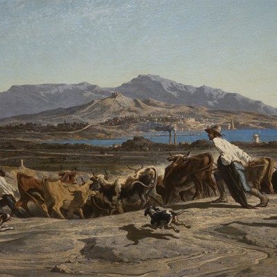 Émile Charles Joseph Loubon (Aix-en-Provence, 1809 - Marseille, 1863) Vue de Marseille prise aux Aygalades un jour de marché. 1853 Huile sur bois