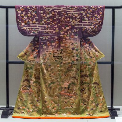 Kosode (Garment with small wrist openings) Stream, flowering plant, house, and insect cage design on purple and yellowish-green tussah silk chirimen crepe ground - Edo period, 19th century