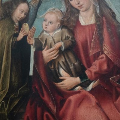 Maître de Francfort, actif à Anvers, vers 1460-1533 - Vierge à l'enfant assise entre deux anges - huile sur panneau